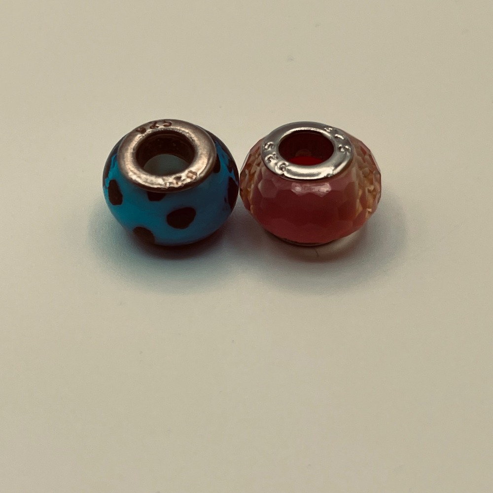 Sterling Silver 925 Murano Glass Charm Beads Blue Polka Dot Orange Faceted Set 2